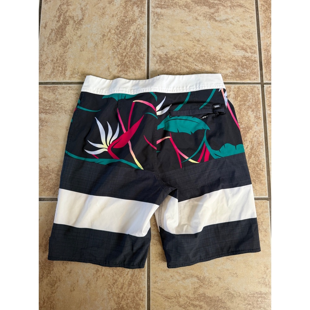 Vans Mens 28 Floral Striped Board Shorts Black White Tropical Bird of Paradise - Picture 5 of 8